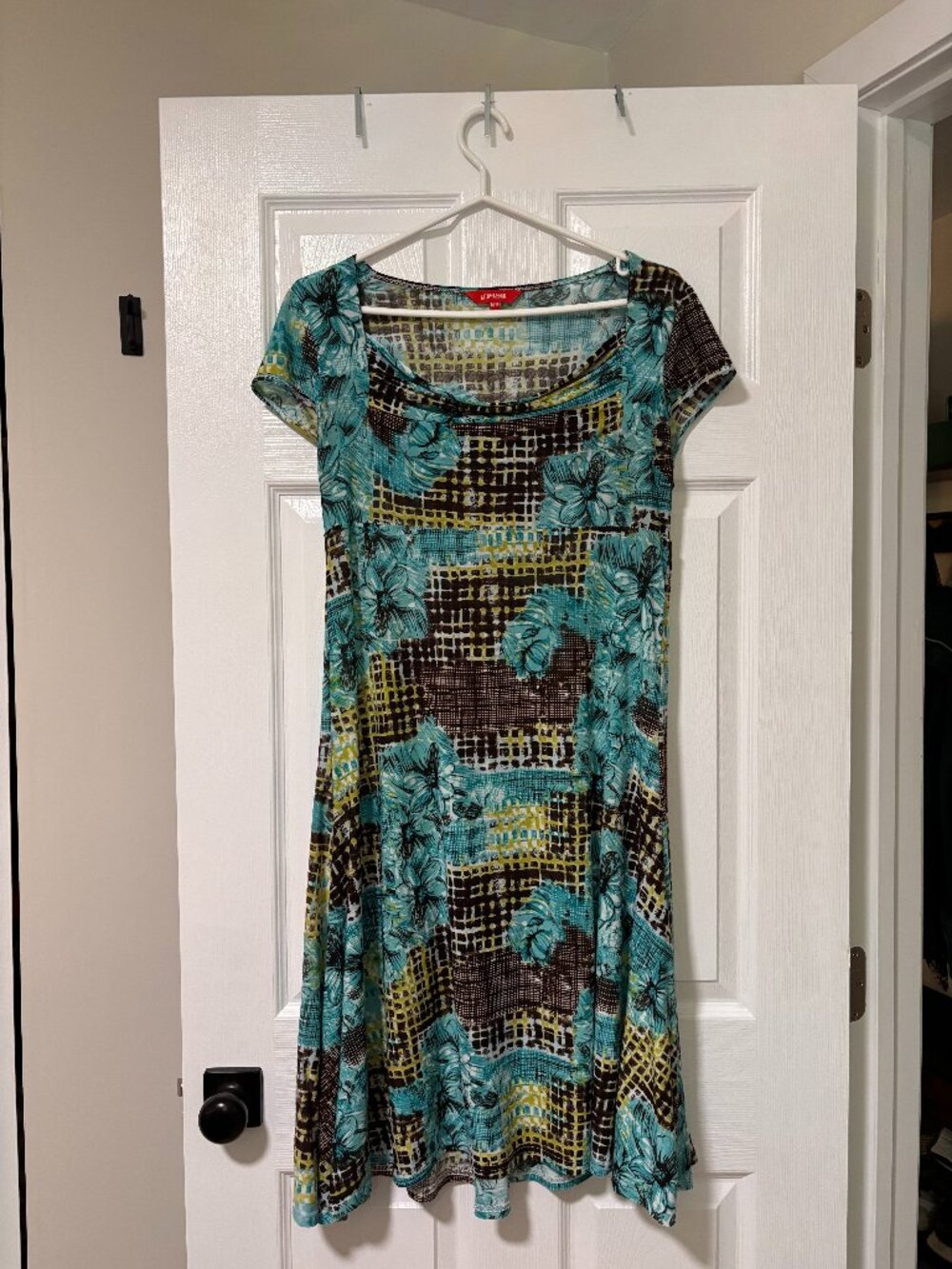 Vintage Floral Fit & Flare Dress | Turquoise Blue Print Dress (Medium)